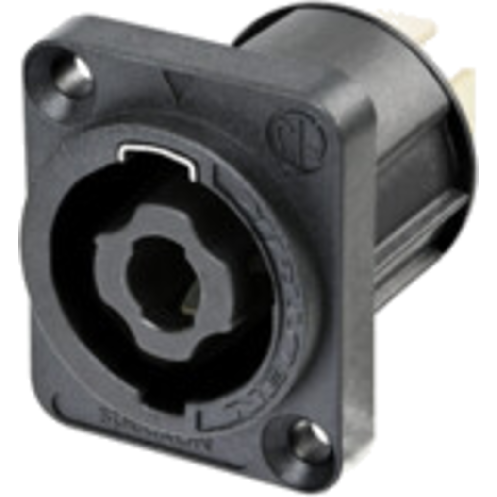 Neutrik NL4MPXX – 4-polet hann speakON chassis-kontakt med 3/16” flatstift (D-flens)