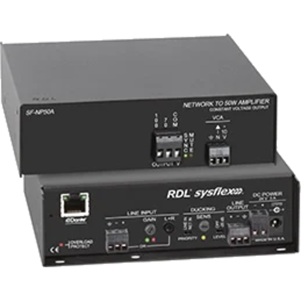 RDL SF-NP50AX – Dante 50 W mono lydforsterker for 70 V / 100 V systemer med VCA og strømforsyning