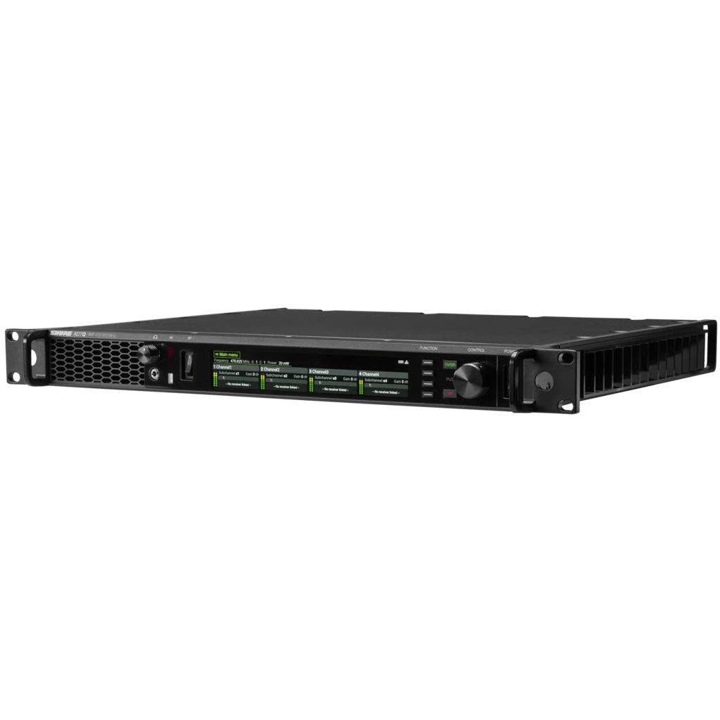 Shure ADTQ (G56) er en digital quad-sender for Axient Digital PSM-systemer med Multichannel Wideband RF og Spatial Diversity Transmission