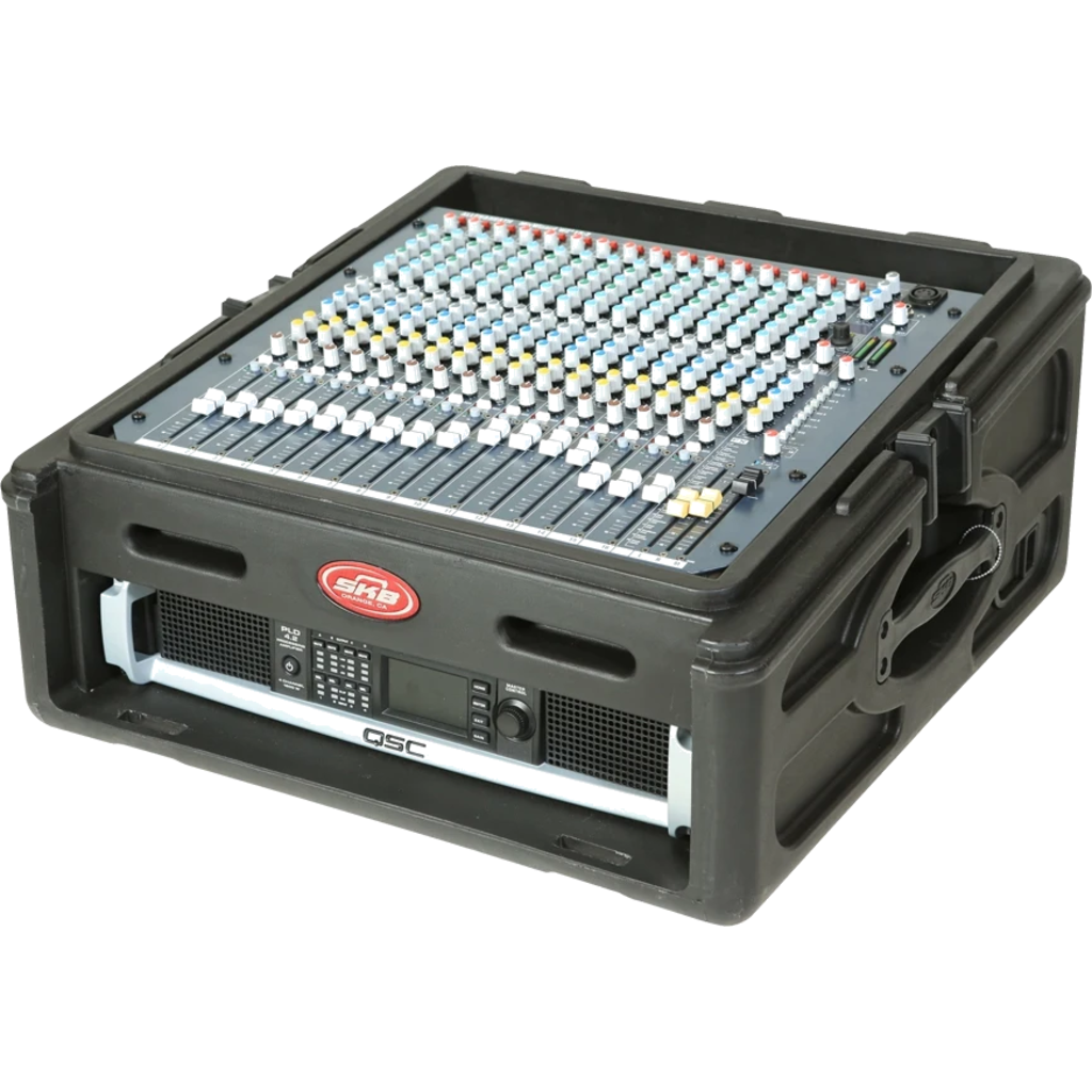 SKB 1SKB-R102 er et roto-støpt konsollrack med 10U toppseksjon og 2U frontmontering for miksere, prosessorer og sluttrinn
