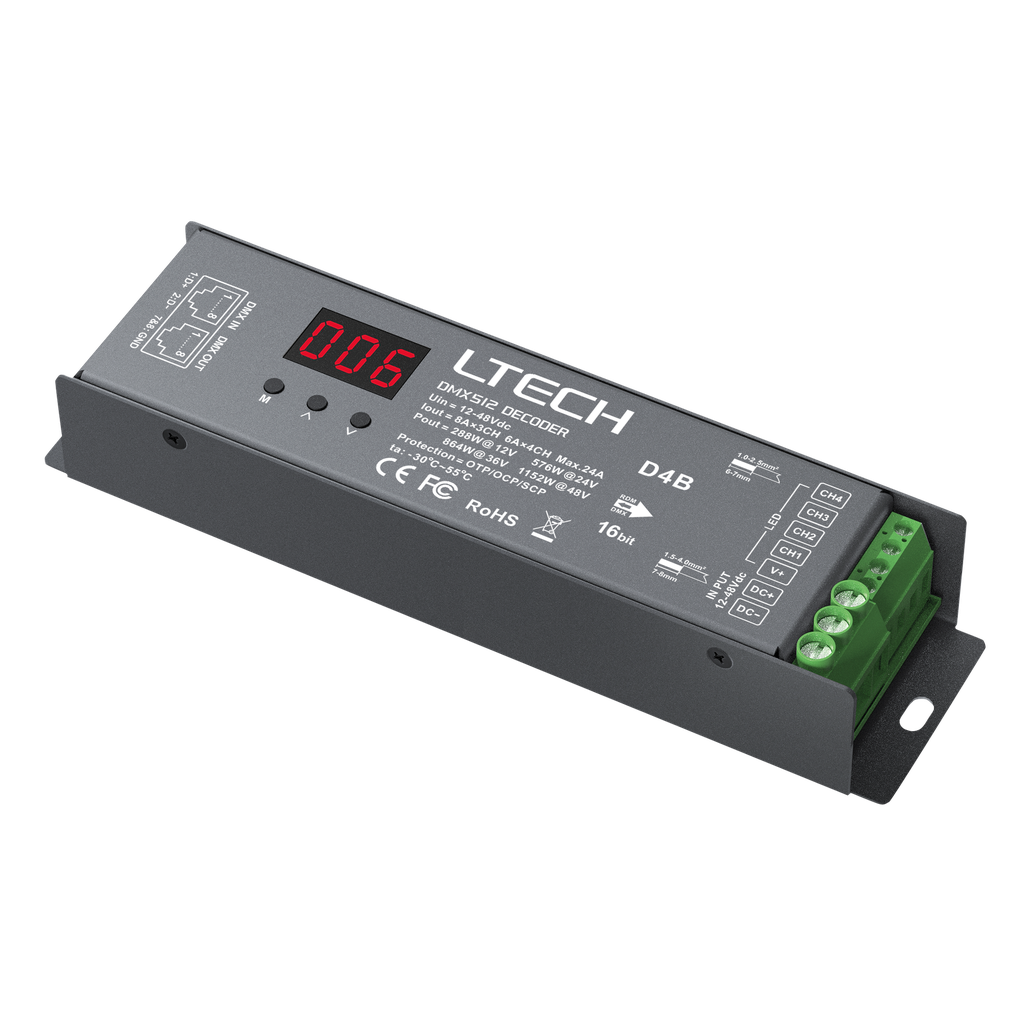 [A9915304] LTECH DMX LED-driver – 4 x 8A med digitalt display og RDM