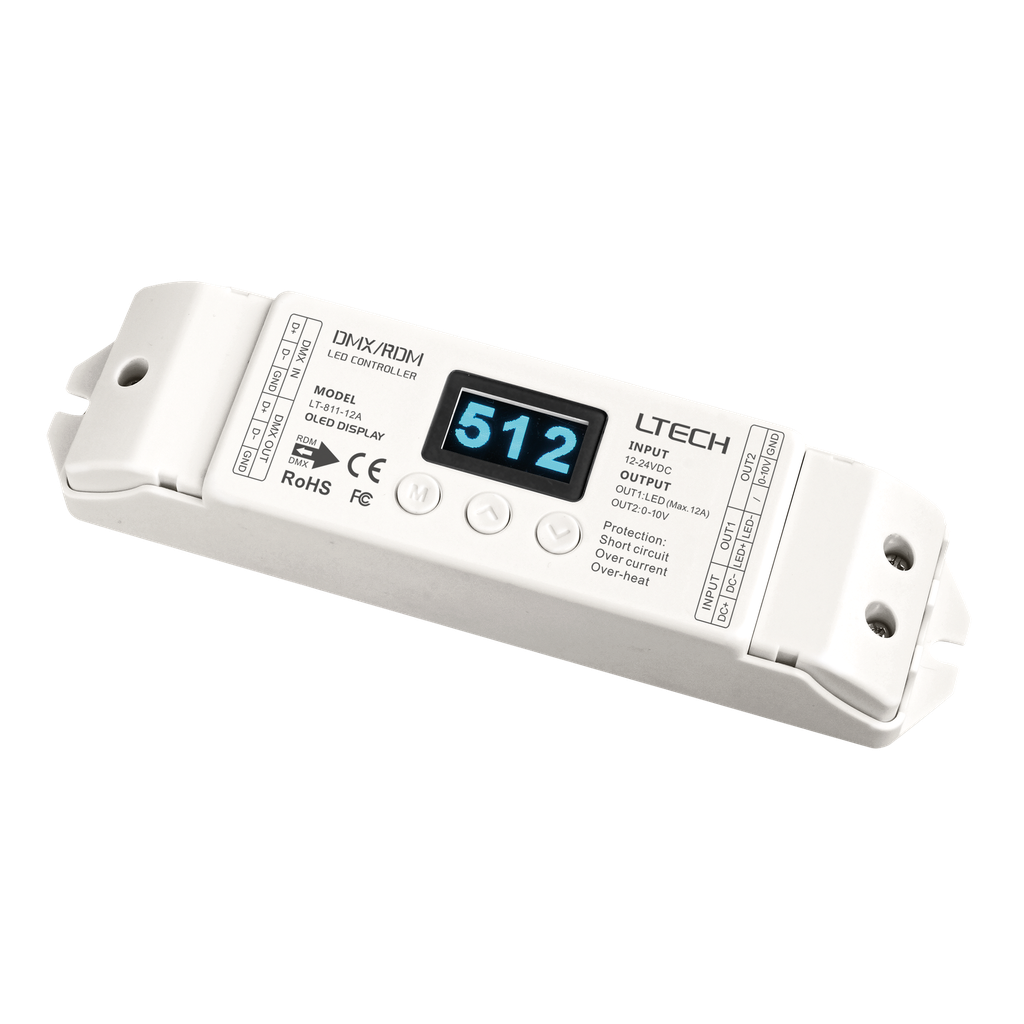 [A9915300] LTECH DMX LED-driver – 1 x 12A med OLED-display og RDM-støtte