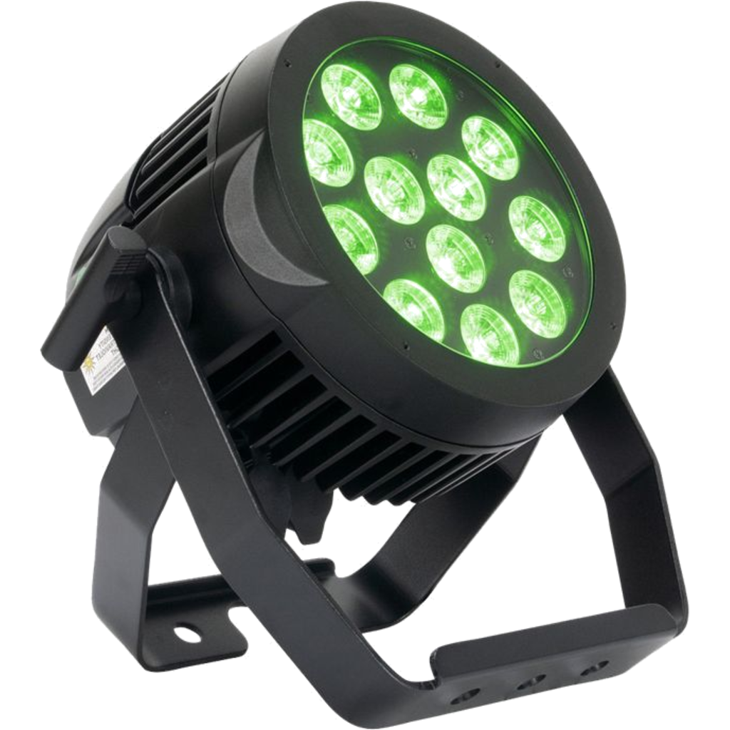 ADJ 12P HEX IP SELECT er en IP65-klassifisert LED PAR-lampe fra ADJ med 12 × 12W RGBAW+UV og 25° spredning.