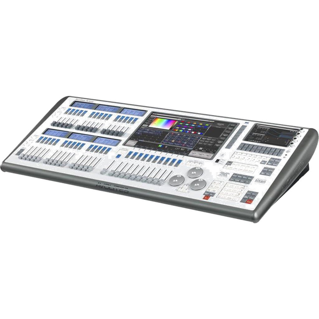 Avolites Arena er en profesjonell lyskonsoll med stor kontrollflate, doble berøringsskjermer, hvit