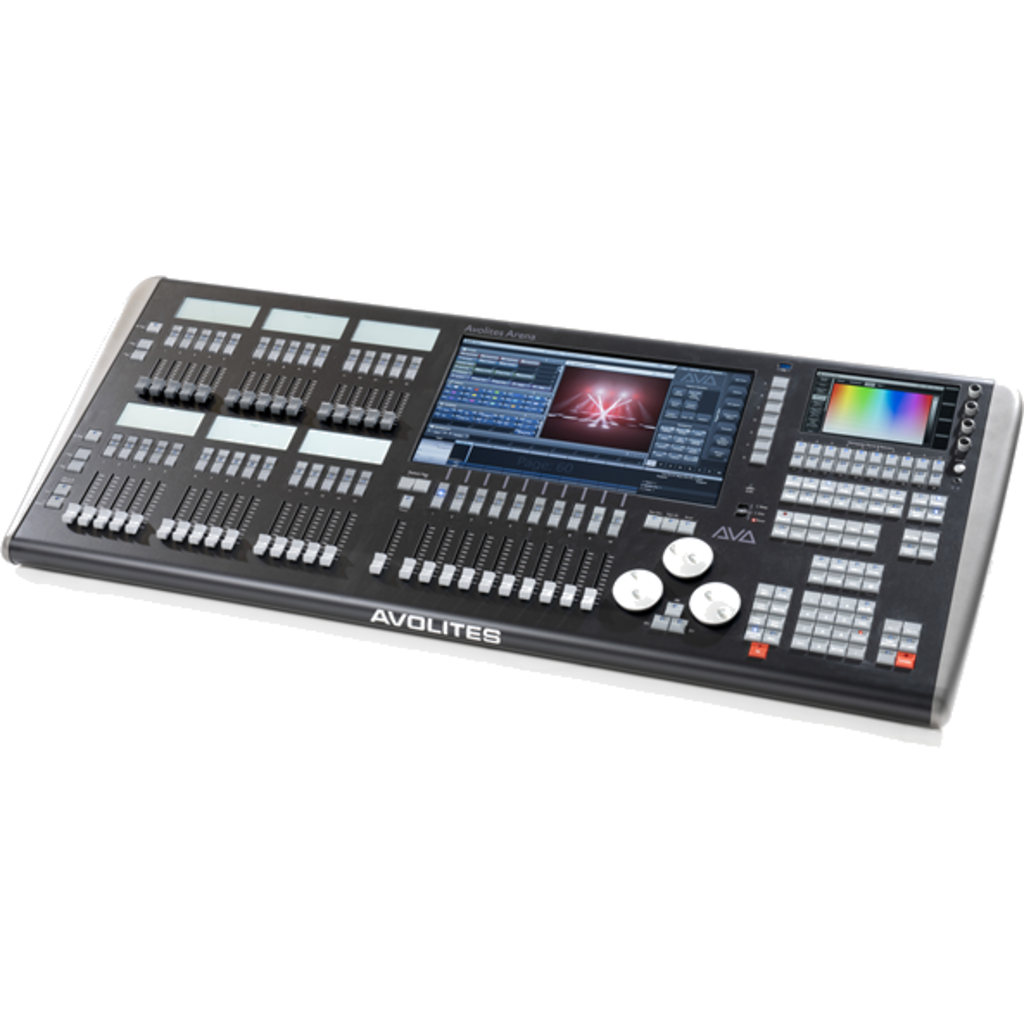 Avolites Arena er en profesjonell lyskonsoll med stor kontrollflate, doble berøringsskjermer, sort