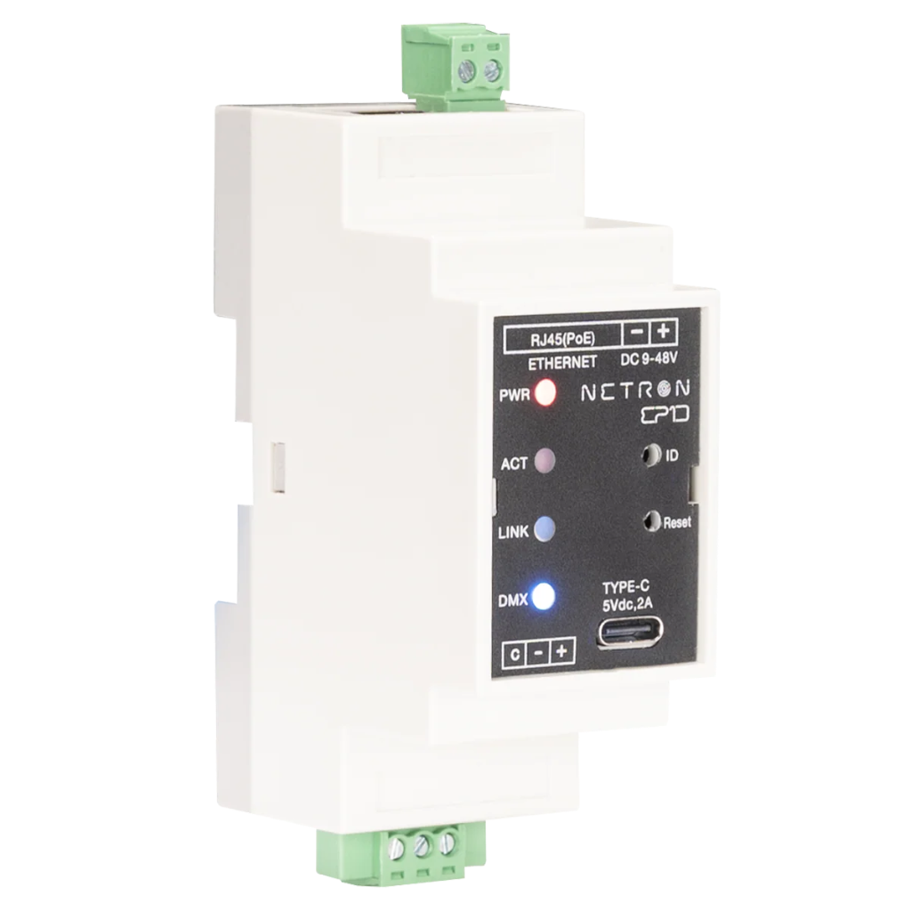 [2256670] Obsidian Netron EP1D er en DIN-skinne-montert Ethernet-til-DMX gateway med én port 