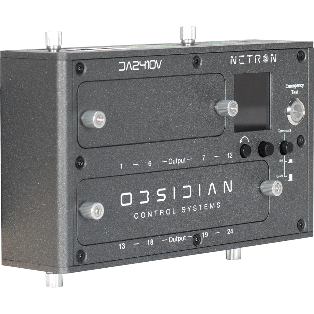 [2256676] Obsidian Netron DA2410V er en DIN-skinne- og veggmontert Ethernet- og DMX-til-0–10 V gateway med 24 analoge utganger.