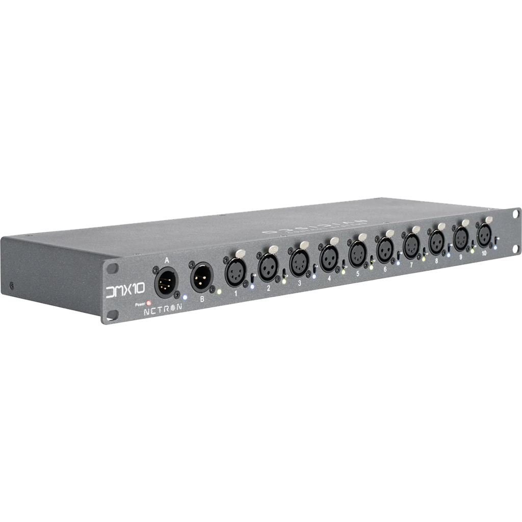 [2256668] Obsidian Netron DMX10-53 er en rackmontert DMX-splitter med kombinerte 5- og 3-pins utganger og doble innganger. 