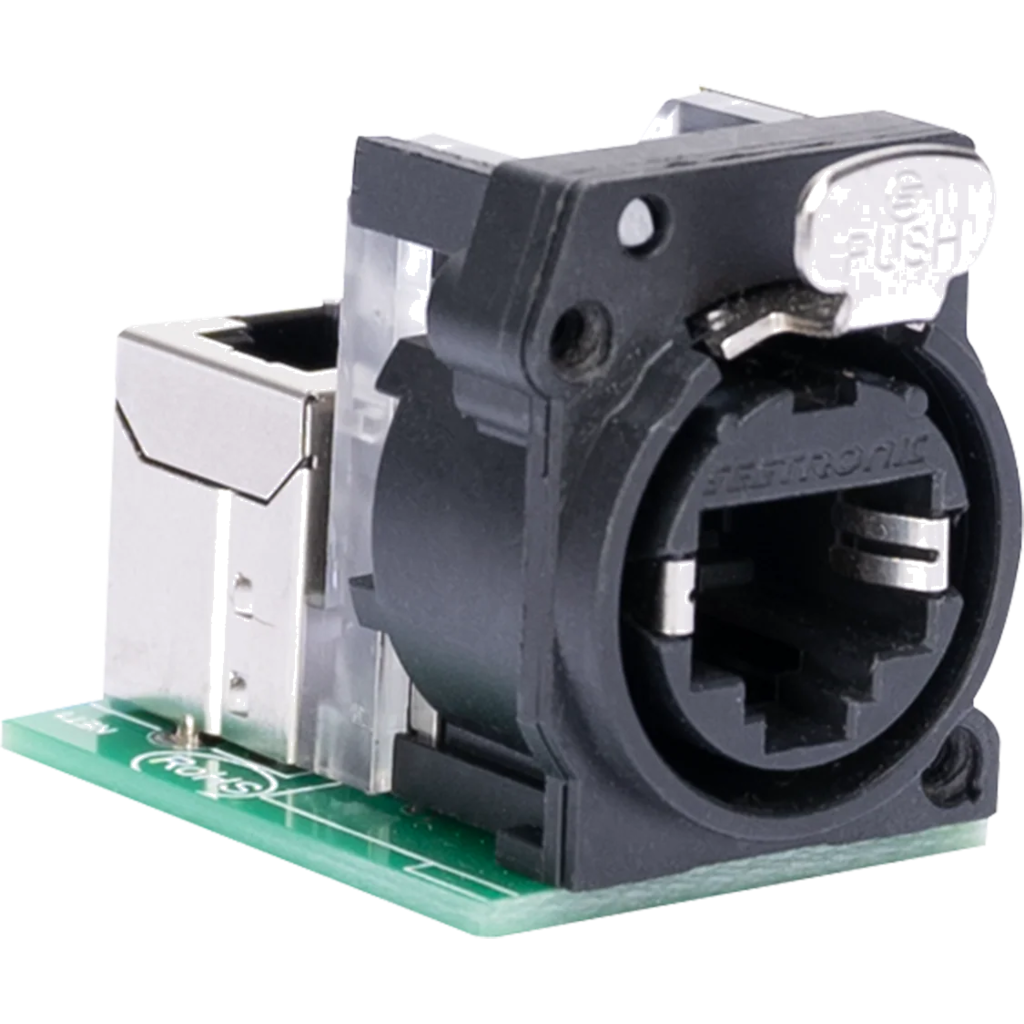 Obsidian Netron PCBCAT6 er et kompakt CAT6A RJ45-utgangskort for skreddersydde nettverks- og DMX-installasjoner.