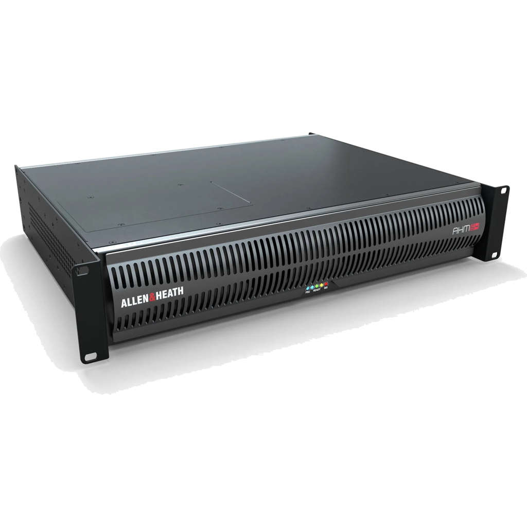 A&H AHM-64 er en 64×64 audio matrix-prosessor utviklet for store og komplekse installasjoner med mange soner, kontrollflater og omfattende system-I/O.