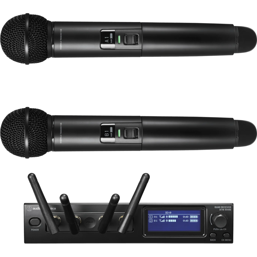 Audio-Technica ATW-1422 er et digitalt trådløst håndholdt mikrofonsystem fra Audio-Technica som består av én ATW-R1440 firekanals mottaker og to ATW-T1402 sendere.