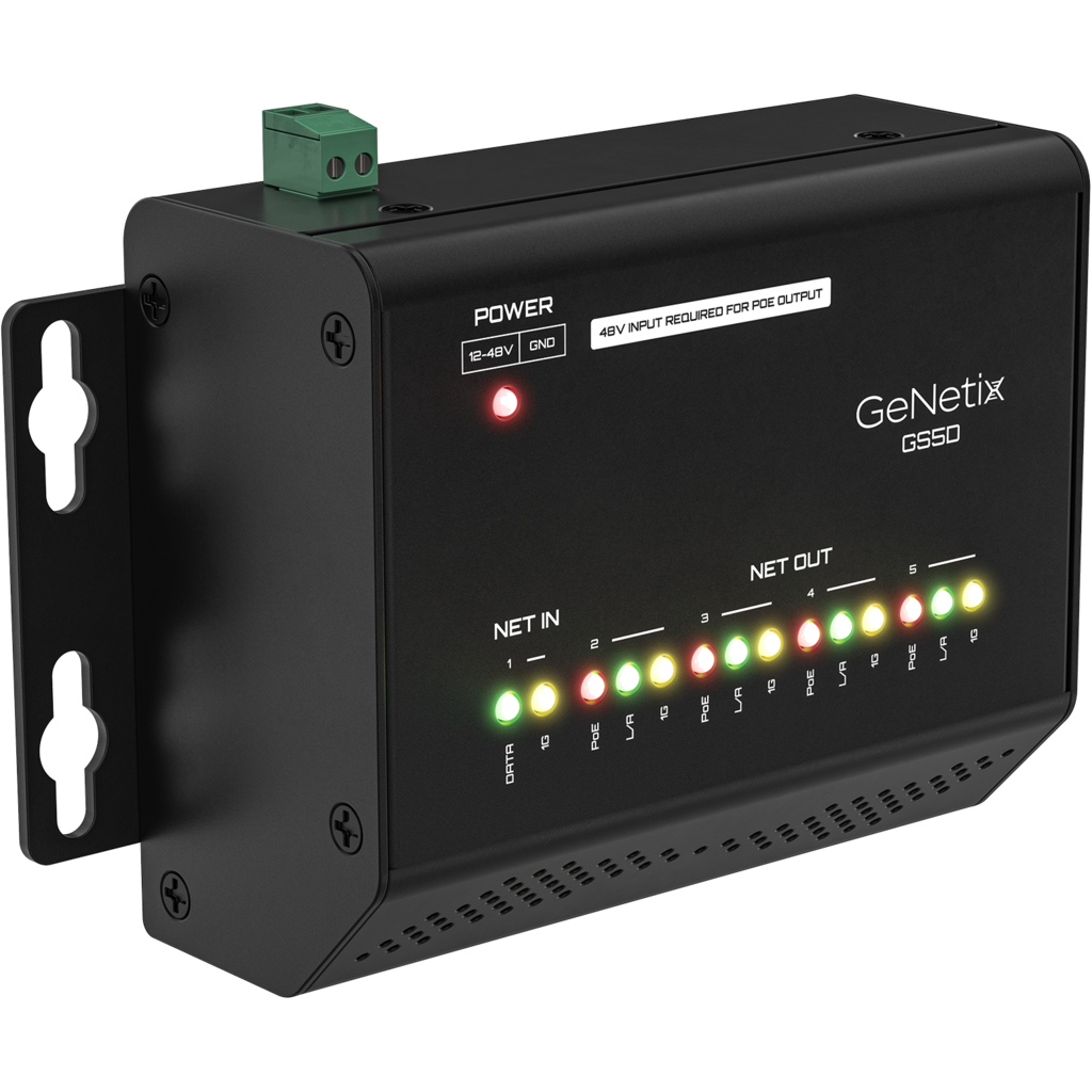 ChamSys GeNetix GS5D er en 5-ports Gigabit nettverksswitch med PoE+, DIN-skinne montering og fleksibel strømforsyning