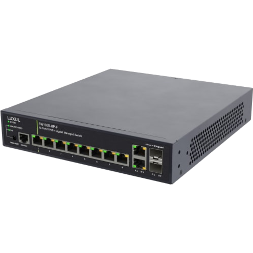 Legrand SW-505-8P-F – 12-port managed PoE+ AV-nettverkssvitsj kompatibel med Dante og AES67