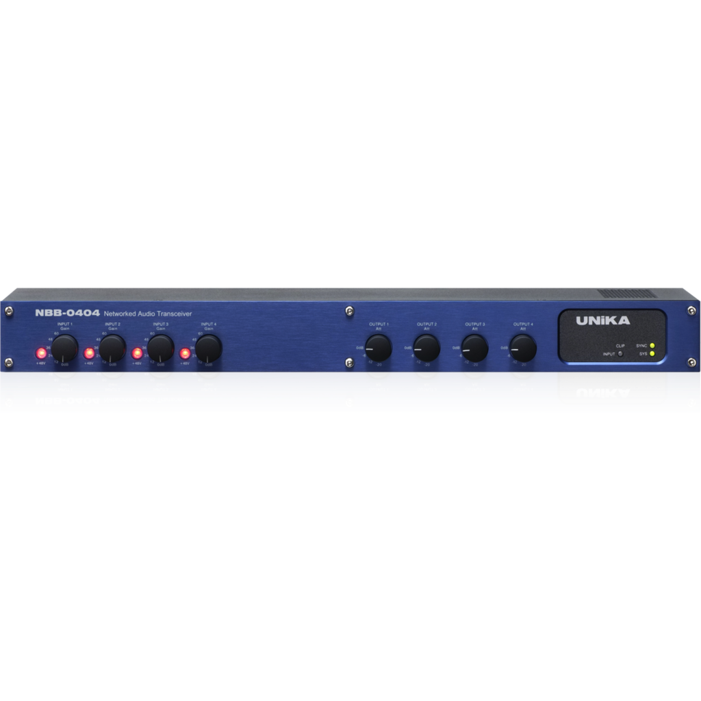 [29821] UNiKA NBB-0404 – 4x4 Dante audio interface med analoge I/O og PoE