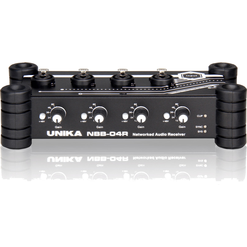 [28184] UNiKA NBB-04R – 4-kanals Dante audio receiver med mic/line-innganger og PoE