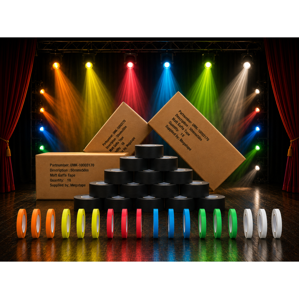 [UMK-10003170KIT] Megateip Pro Stage Tape Kit – 18 stk sort gaffateip + fluor og scribble tape