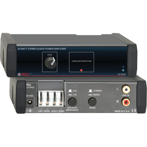 [EZ-PA20X] RDL EZ-PA20 er en kompakt stereo-forsterker på 2 x 10 W for 8 Ω-høyttalere