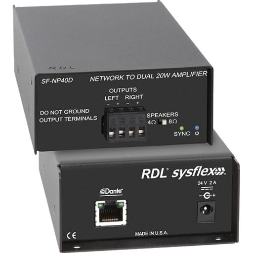[SF-NP40DE] RDL SF-NP40DE – Dante 40 W stereo lydforsterker med 2 × 20 W utgangseffekt (uten strømkabel)