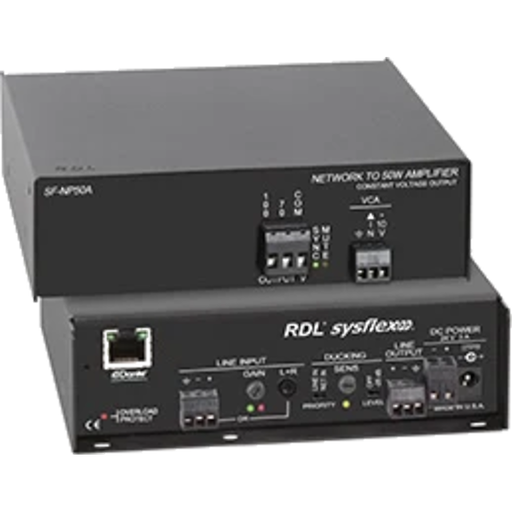 [SF-NP50AX] RDL SF-NP50AX – Dante 50 W mono lydforsterker for 70 V / 100 V systemer med VCA og strømforsyning